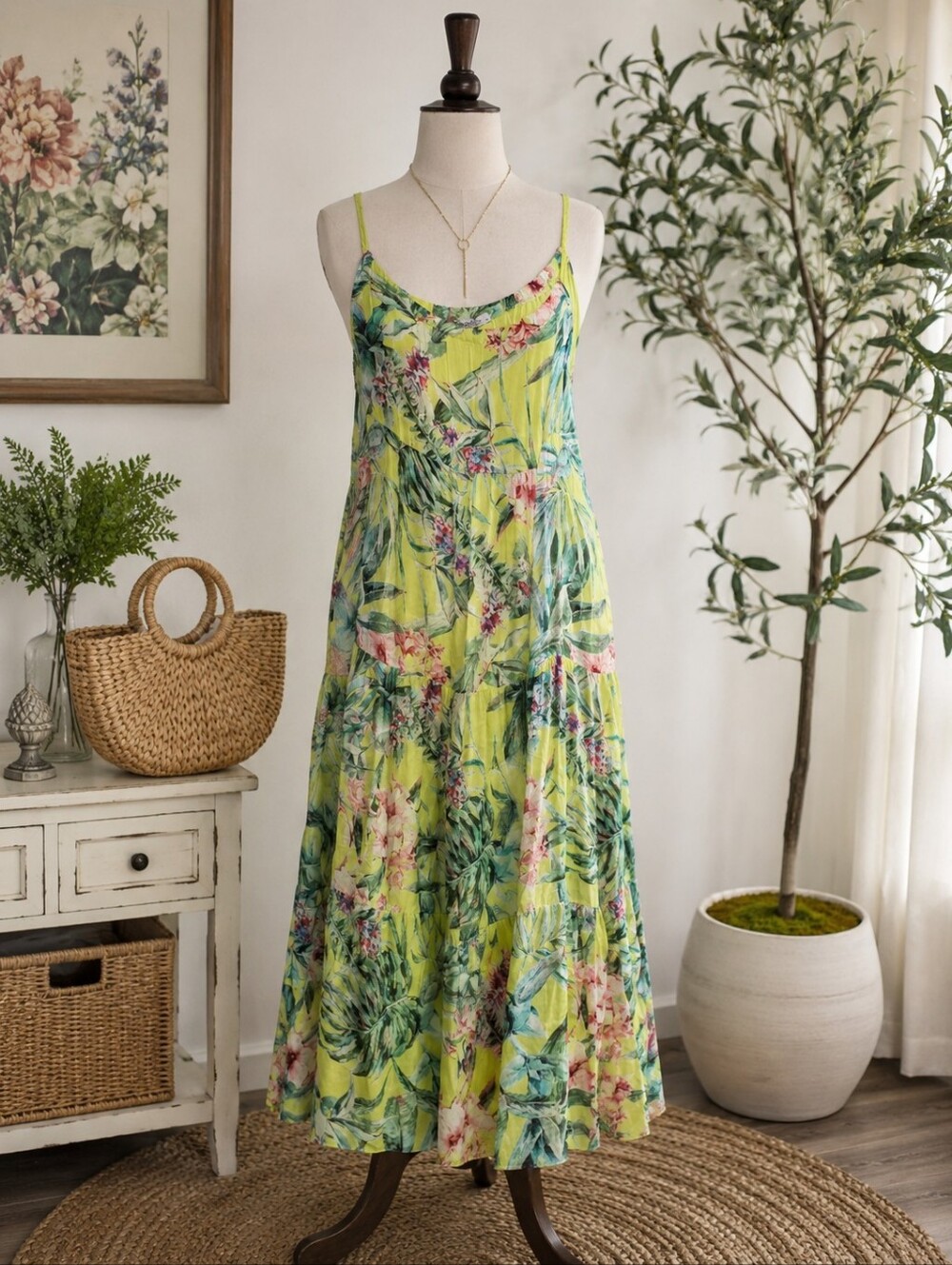Elena Baldi XL Made in Italy Silk Blend Tropical Floral Maxi Dress